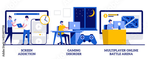 Screen addiction, gaming disorder, multiplayer online battle arena concept with tiny people. Digital overload vector illustration set. Mental health, gaming platform, real-time strategy metaphor