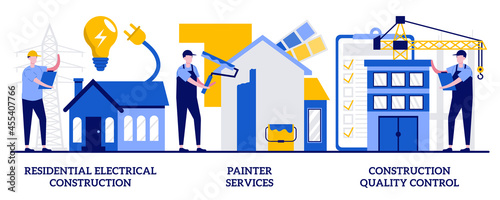 Residential electrical construction, painter services, construction quality control concept with tiny people. House renovation illustration set. Interior, exterior, lighting and appliance metaphor