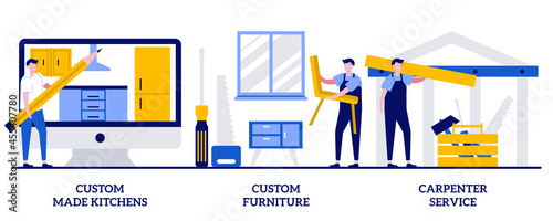 Custom made kitchens, furniture designer, carpenter services concept with tiny people. Apartment interior design abstract vector illustration set. Home furnishing, house renovation metaphor
