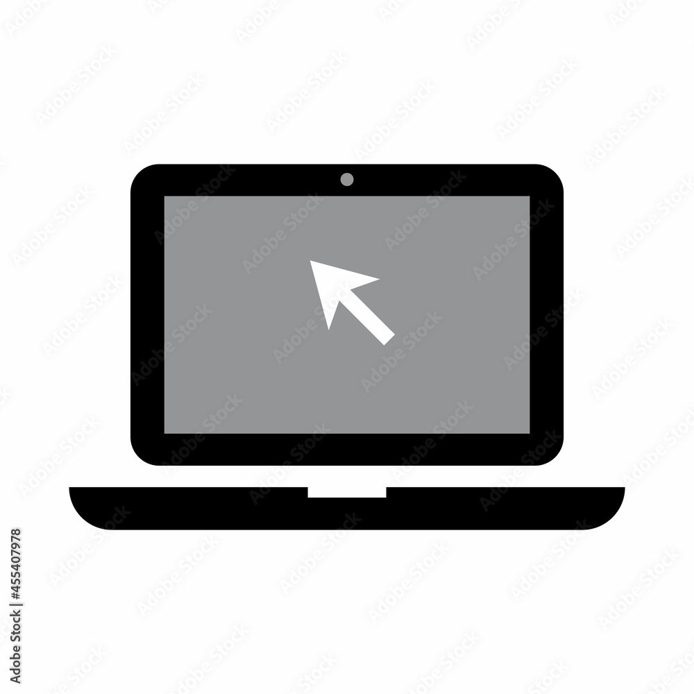 Laptop with cursor icon on grey backdrop. Computer mouse click. Pointer arrow symbol. Vector illustration. Stock image. Laptop with cursor icon on grey backdrop. Computer mouse click. Pointer arrow symbol. Vector illustration. Stock image.