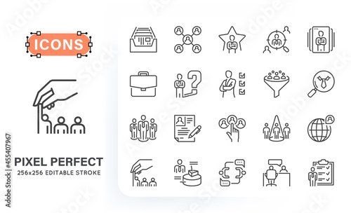 Set of headhunting related line icons. Contains such icons as index card, candidate, portfolio, target and more. 256x256 pixel perfect. Editable stroke.