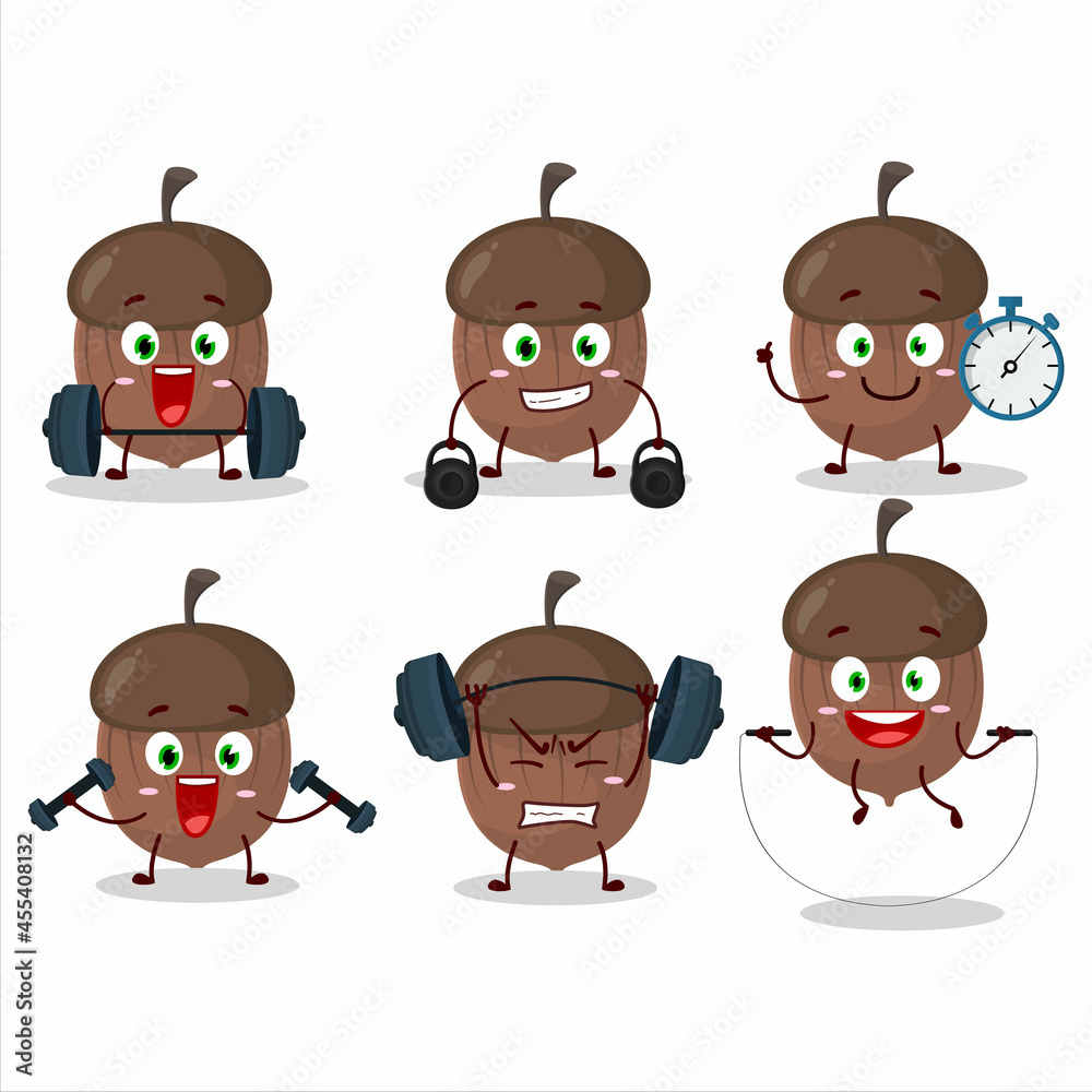 A healthy acorn cartoon style trying some tools on Fitness center A healthy acorn cartoon style trying some tools on Fitness center