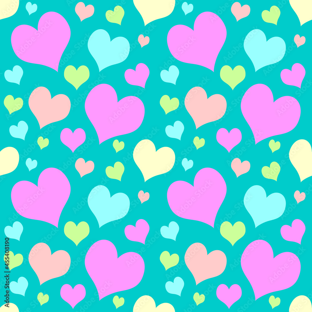 Seamless pastel colored cute hearts pattern on bright light blue background.