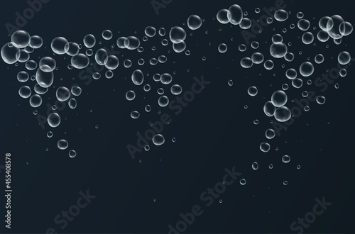 Transparent fizzy bubbles. Sparkles champagne. Fizzy pop and effervescent drink. Abstract fresh soda and air bubbles, oxygen, champagne crystal. Vector illustration on black background.
