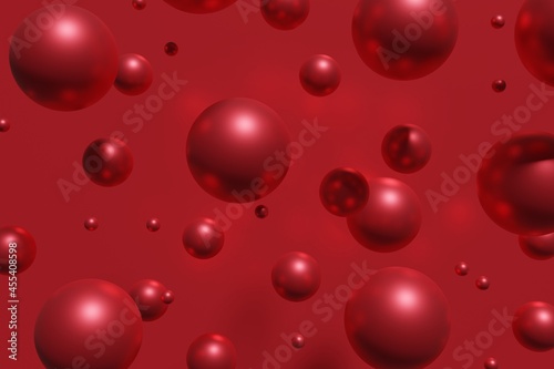 3d render of flying red christmas spheres on a red background