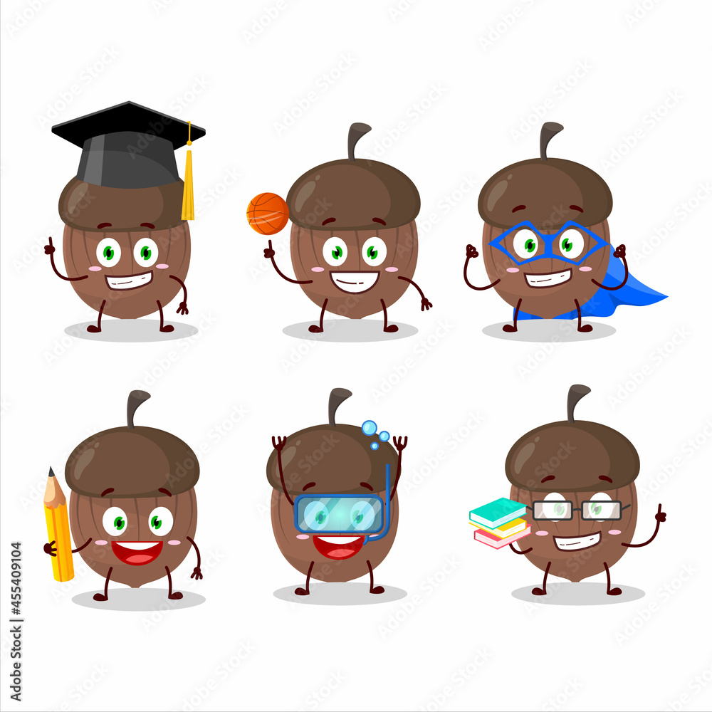 School student of acorn cartoon character with various expressions
