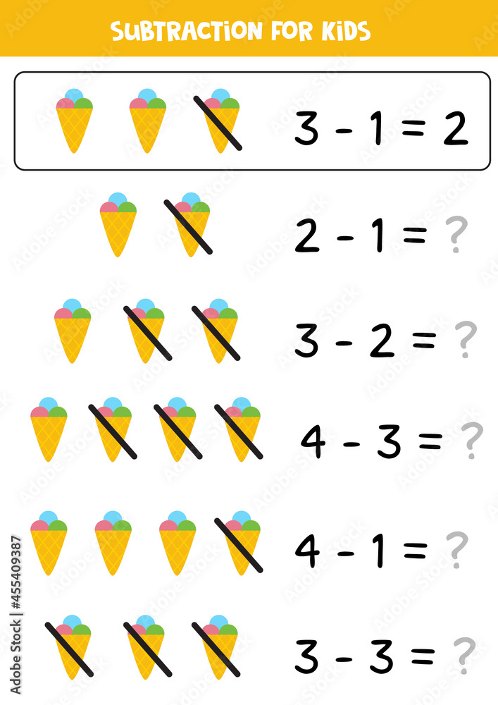 Subtraction with cute ice cream. Educational math game for kids. Subtraction with cute ice cream. Educational math game for kids.