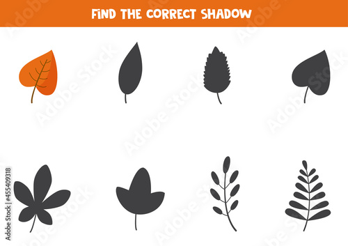 Find the correct shadow of cute autumn leaf. Logical puzzle for kids.