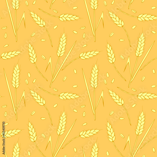 Wheat spikelets and grains, vector seamless pattern in flat style, isolated. Design of print, wrapping paper, packaging on theme of bakery products, flour, harvest, thanksgiving