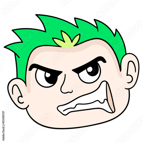 the head boy with green hair is arrogant and angry expression, doodle icon drawing