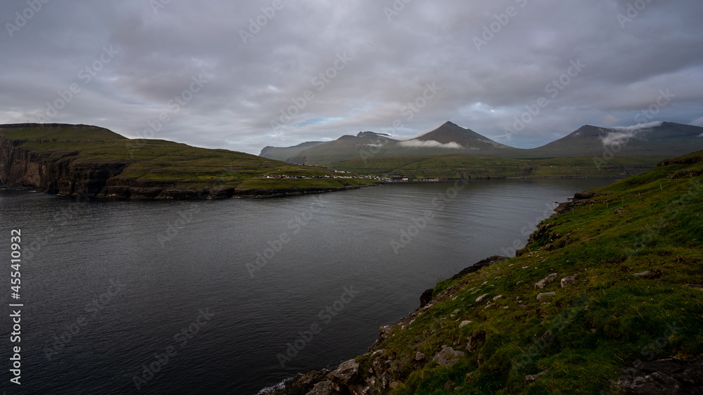 Beautiful aerial view of Risin and Kellingin, the giant and the witch view from Tjornuvik in the Faroe Island