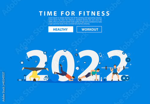 2022 new year fitness ideas concept man workout gym equipment with flat big letters. Vector illustration modern layout template design