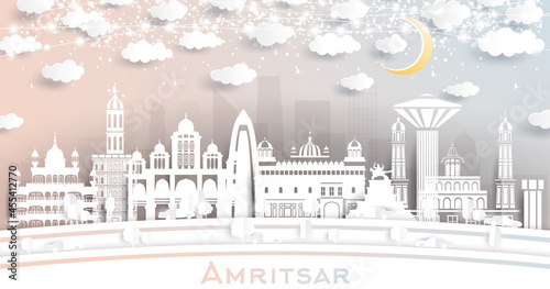 Amritsar India City Skyline in Paper Cut Style with White Buildings, Moon and Neon Garland.