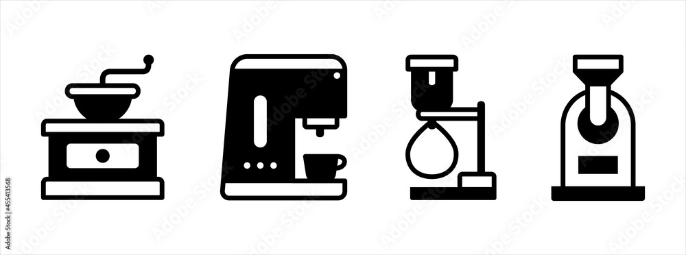 Coffee shop tool icon set. Coffee maker equipment icons set. Vector illustration. Contains icon such as manual grinder, espresso machine, syphon, and roaster. Coffee shop tool icon set. Coffee maker equipment icons set. Vector illustration. Contains icon such as manual grinder, espresso machine, syphon, and roaster.