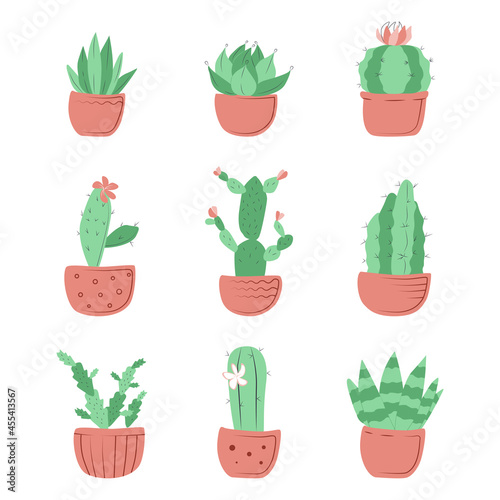 Collection of homemade cactus flowers in pink pots in doodle style on a white background