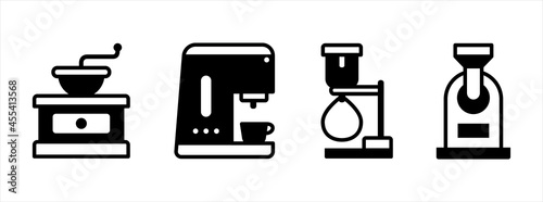 Coffee shop tool icon set. Coffee maker equipment icons set. Vector illustration. Contains icon such as manual grinder, espresso machine, syphon, and roaster.