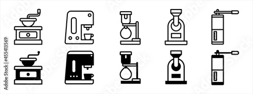 Coffee shop tool icon set. Coffee maker equipment icons set. Vector illustration. Contains icon such as manual grinder, espresso machine, syphon, and roaster.