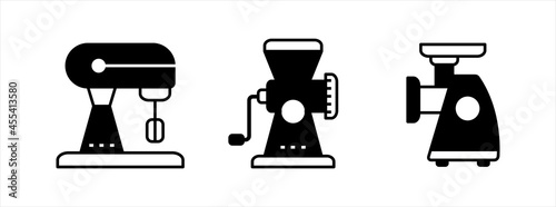 Meat grinder icon set. Meat mincer icons set. Electric stand mixer icon. Kitchen ware vector illustration.