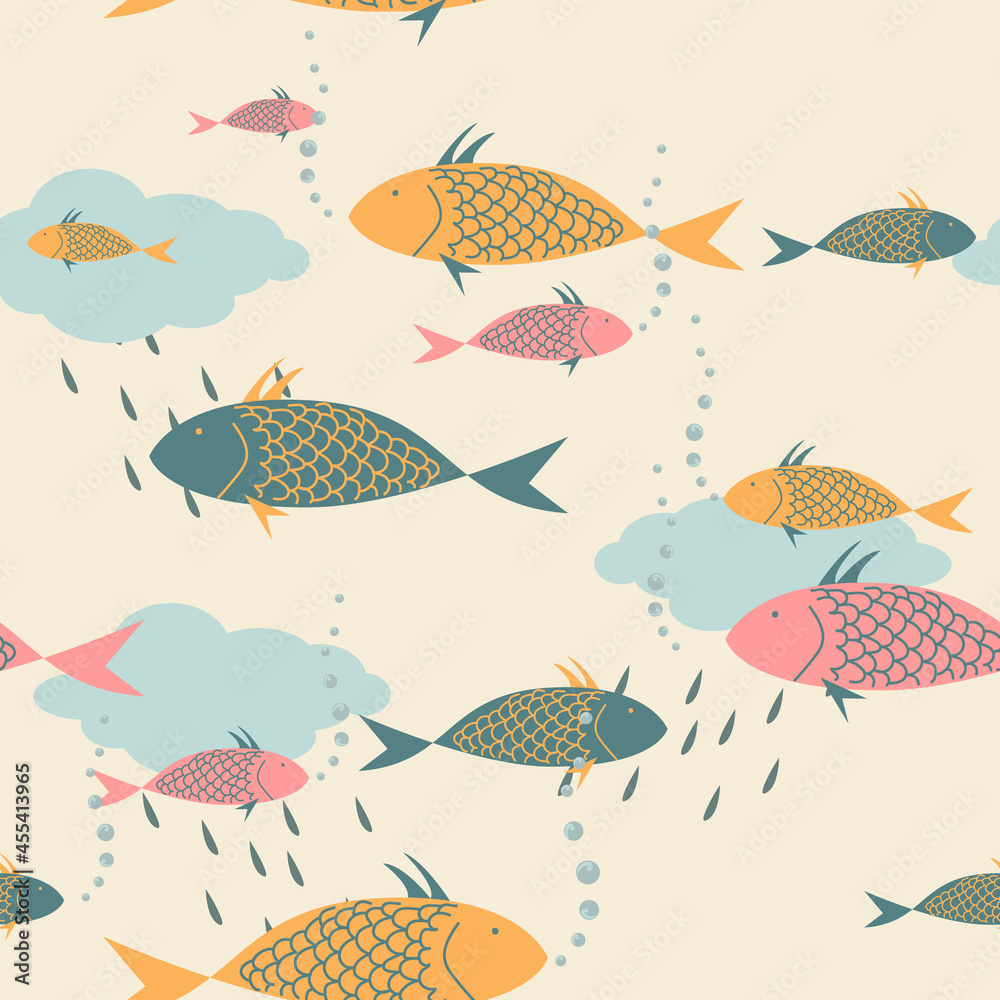 Hand drawn various shapes theme vector seamless pattern. pastel pink background with fish, clouds and bubbles. Contemporary modern trendy vector illustrations. Pastel colors. vector Hand drawn various shapes theme vector seamless pattern. pastel pink background with fish, clouds and bubbles. Contemporary modern trendy vector illustrations. Pastel colors. vector