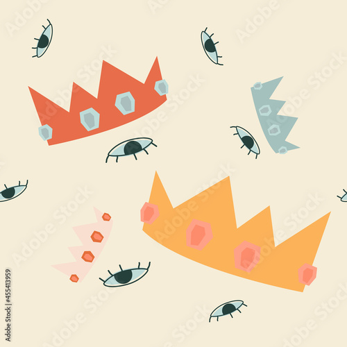 Hand drawn various shapes theme vector seamless pattern. pastel pink background with king crown and eyes. Contemporary modern trendy vector illustrations. Pastel colors. vector