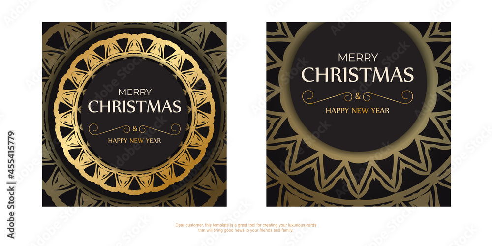 Black Merry Christmas and Happy New Year flyer template with gold ornaments.