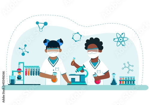 Medical specialists conduct biochemical studies under the microscope. Chemistry. Laboratory. Analysis. Flu. Virus. Health. Medicine.