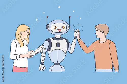 High technology and robot concept. Young couple man and woman standing greeting waving hands with robot over blue background vector illustration 