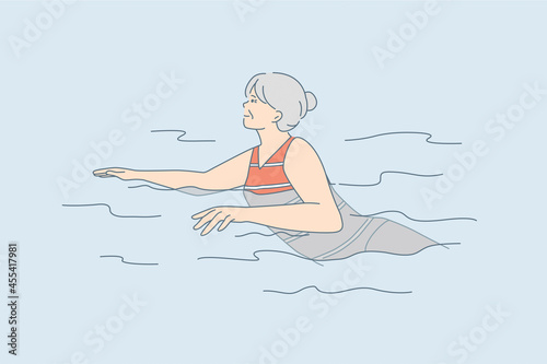 Elderly people active lifestyle concept. Old mature positive woman cartoon character swimming in water feeling great vector illustration 