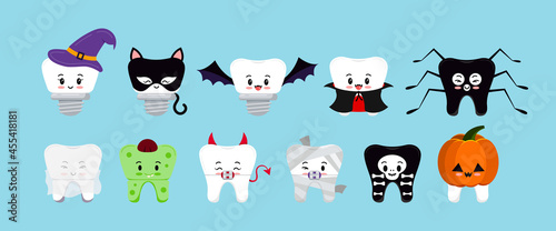 Teeth in Halloween carnival costume vector dental icon set. Cute tooth ghost mummy vampire witch cat spider pumpkin bat - character for dentist halloween card. Flat design cartoon illustration.