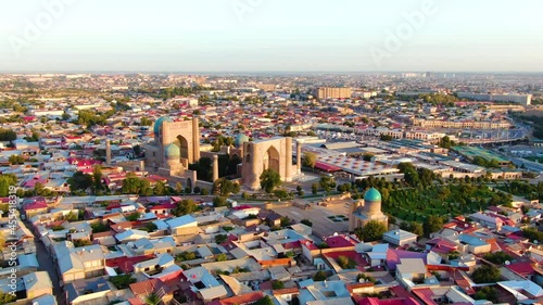 Panorama Of The Ancient City Of Samarkand With Registan Square In Uzbekistan, Central Asia. - Aerial photo