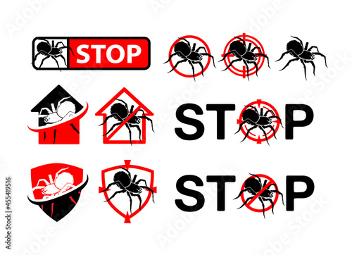 Pest control badges set. Design elements, labels and stickers, danger and stop signs with spider silhouette