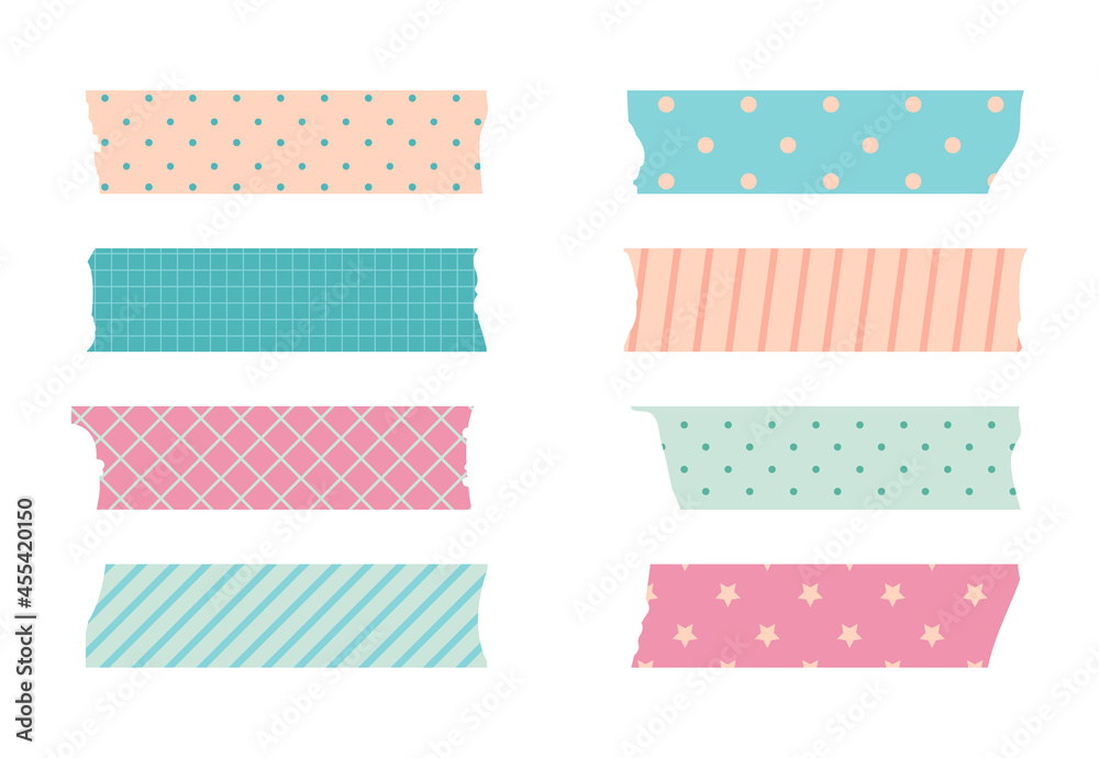 Washi masking tape set. Cute scotch paper sticker for scrapbook. Tape set of japanese style with ribbon, dot decorative element. Washi masking tape set. Cute scotch paper sticker for scrapbook. Tape set of japanese style with ribbon, dot decorative element.