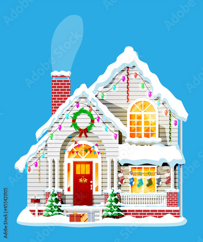 Suburban house covered snow.