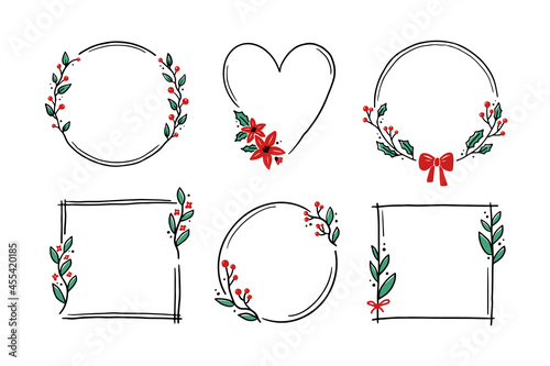 Chrirtmas floral frame with circle, round, rectangle shape. Doodle hand drawn style wreath frame. Vector illustration for christmas, wedding decoration.