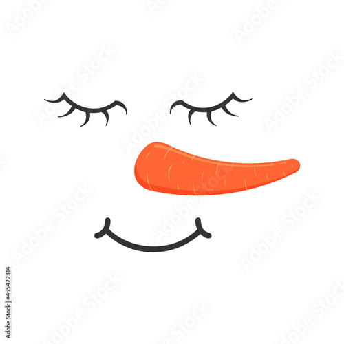 Cute snowman face with dreamy facial expression. Funny snow man head with closed eyes and carrot nose. Winter holidays design. Vector cartoon illustration.