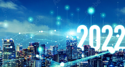 2022年ビジネス向け新年イメージ 都市とネットワーク 年賀状