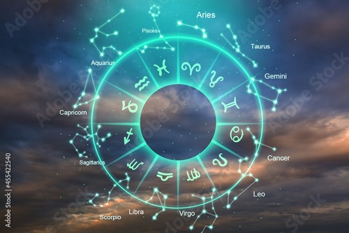 Zodiac signs inside of horoscope circle. Astrology and horoscopes.