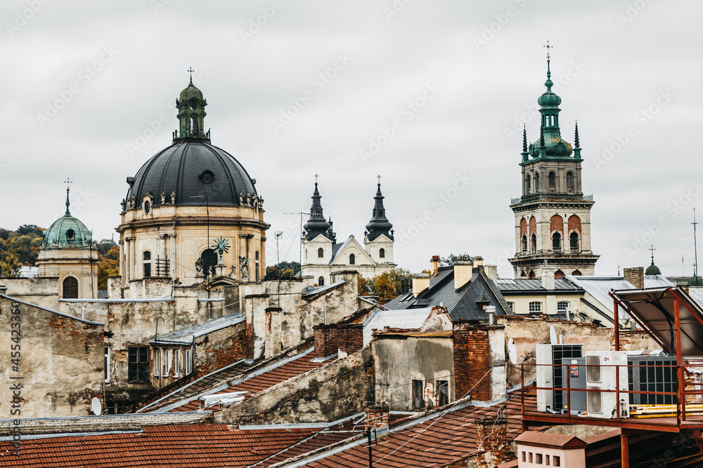 Roofs of Church and Monastery of Discalced Carmelites, Dormition Church, Korniakt Tower, The Church of the Holy Eucharist in Lviv.