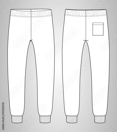 Fleece fabric jogger sweatpants overall technical fashion flat sketch vector template front and back views isolated on white background. Man, women and kids Clothing unisex cad Mock up.