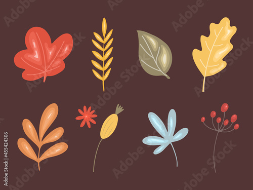 Autumn floral set, leaves, plants and berries isolated on a dark background. Vector illustration hand drawn style