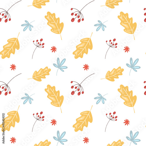 Seamless pattern with autumn leaves and berries on a white background. Vector endless texture for seasonal floral design