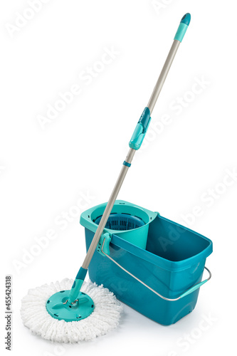 mop and plastic bucket isolated on white background photo