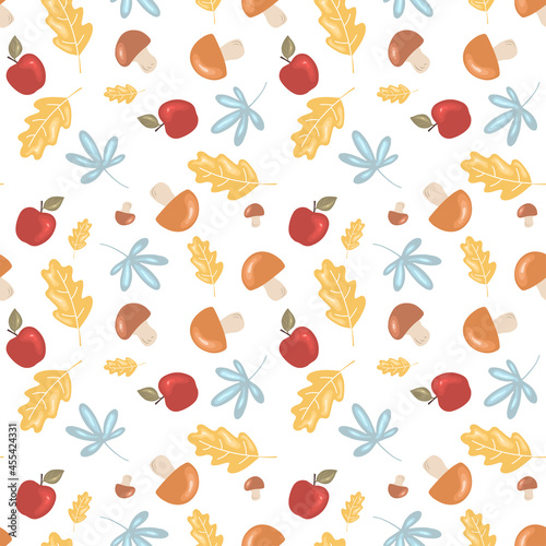 Seamless pattern with autumn leaves, mushrooms and apples on a white background. Vector endless texture for seasonal floral design