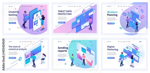 Collection isometric of business landing pages. Men and women manage business processes, planning, digital marketing, strategies