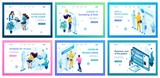 Collection of landing pages. Work of medical personnel during the epidemic, patient care, reception of patients, patient care, examination. Isometric characters