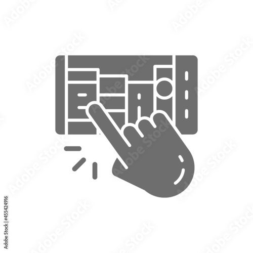 Hand with mobile phone, man chooses e-book, e-library grey icon.