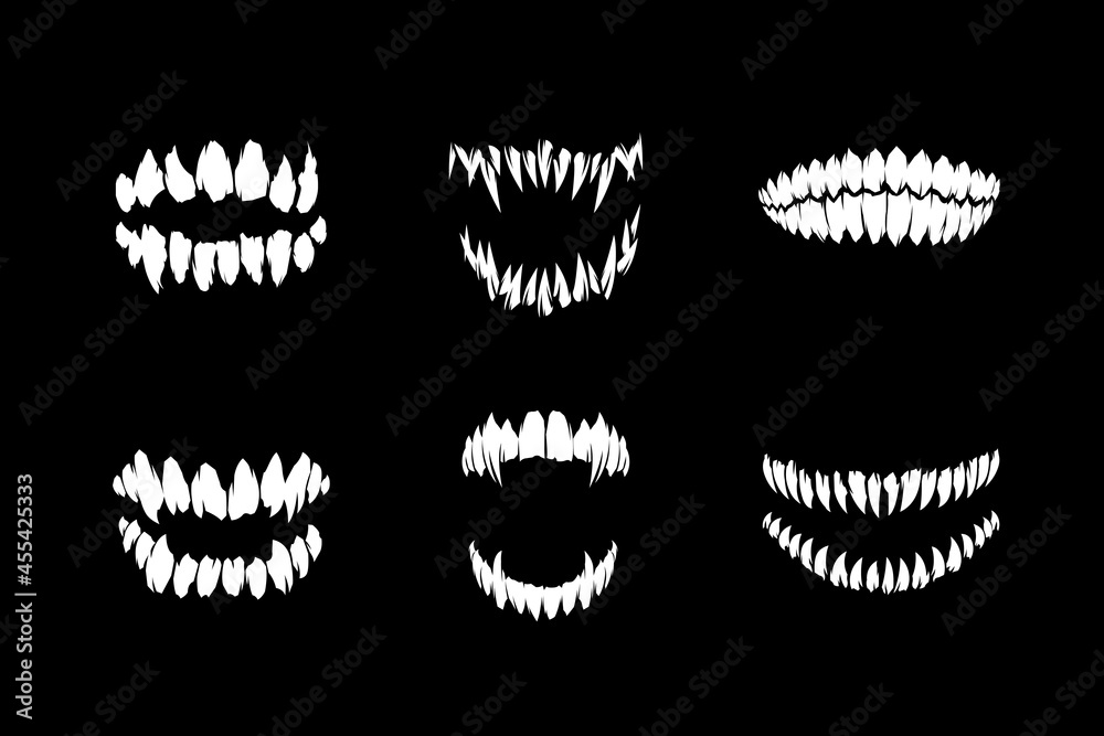 Horror monster and vampire or zombie fangs teeth silhouette vector illustration collection isolated on black background