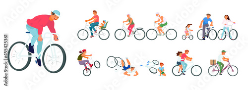 Set of different cyclist in various situations.