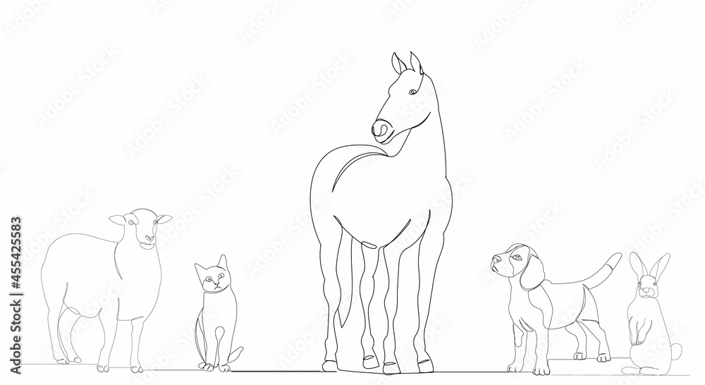 single continuous line drawing pets horse, dog, cat, sheep, rabbit