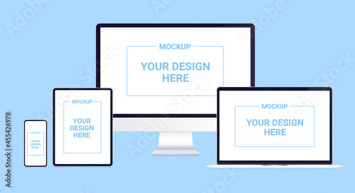 Devices mockup on blue background - Realistic vector set of computer, laptop, desktop, tablet and smartphone with blank screens.